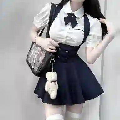 九条喵 娃娃领短袖上衣中腰连衣裙裙装套装 女款