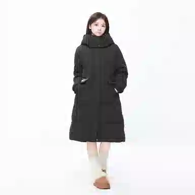 九条喵 加厚连帽长款大口袋羽绒服 女款 黑色