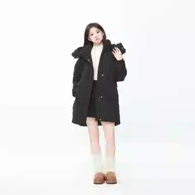 九条喵 加厚连帽收腰中长款羽绒服 女款 黑色