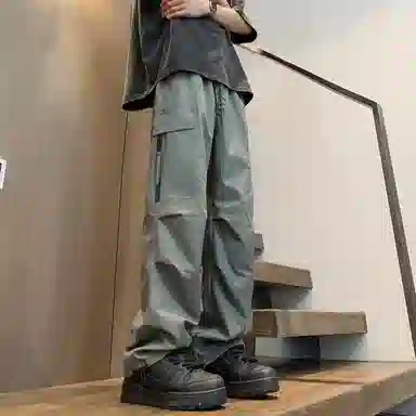 虫小绿 美式复古山系耐磨口袋褶皱工装裤基础款纯色冰丝凉感潮流百搭垂感拖地露营登山机能拉链宽松高街直筒休闲裤 男女同款