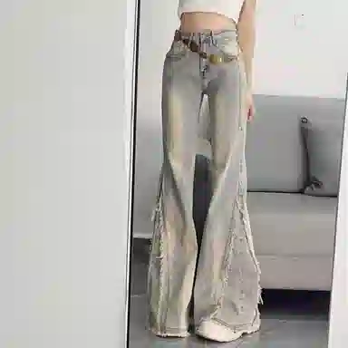 囍鱼少女 复古拼接简约宽松牛仔裤 女款