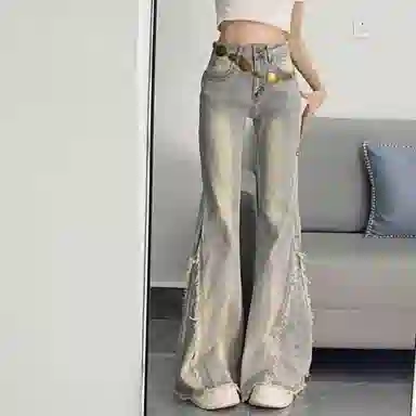 囍鱼少女 复古拼接简约宽松牛仔裤 女款