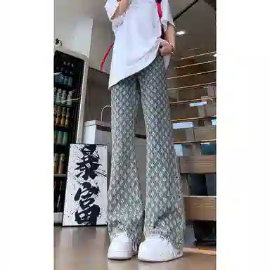 悍戈 美式高街满印提花直筒微喇牛仔裤 男女同款