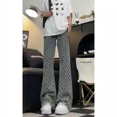 悍戈 美式高街满印提花直筒微喇牛仔裤 男女同款