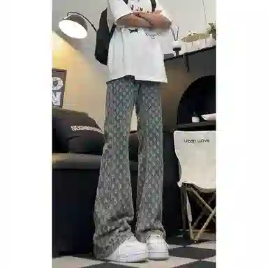 悍戈 美式高街满印提花直筒微喇牛仔裤 男女同款