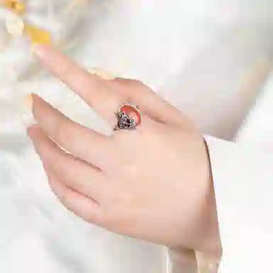 琦珂 花型花朵复古新中式做旧红色吉利开口食指戒#好运天然 玛瑙 戒指 女款