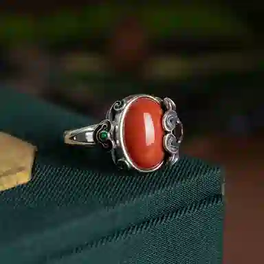 琦珂 花型花朵复古新中式做旧红色吉利开口食指戒#好运天然 玛瑙 戒指 女款