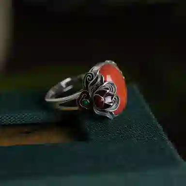 琦珂 花型花朵复古新中式做旧红色吉利开口食指戒#好运天然 玛瑙 戒指 女款