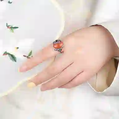 琦珂 花型花朵复古新中式做旧红色吉利开口食指戒#好运天然 玛瑙 戒指 女款