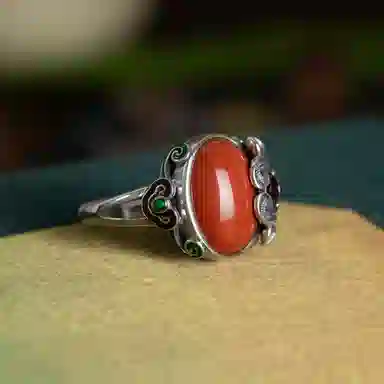 琦珂 花型花朵复古新中式做旧红色吉利开口食指戒#好运天然 玛瑙 戒指 女款