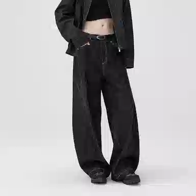 BENMYSHOWER Pleated Curved Denim Pants