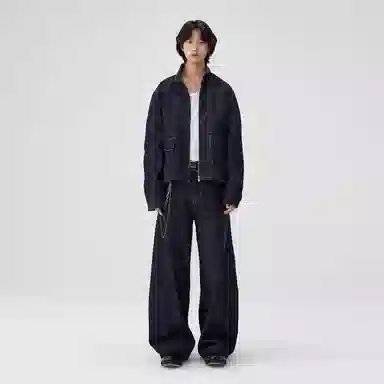 BENMYSHOWER Pleated Curved Denim Pants
