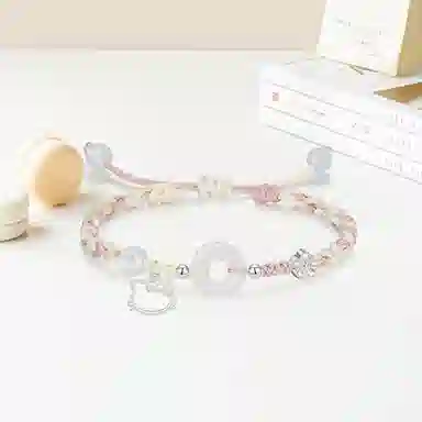 【足银999|招财猫咪】 岁月静好 萌趣灵动小猫卡通招桃花小众高级好运手饰约会惊喜甜蜜饰爱平安扣纳福一对可调节 琉璃 手绳 男女同款情侣款