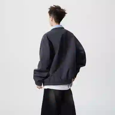 蓝精灵 美式高街潮牌简约基础款纯色条纹假两件双层翻领高级感慵懒风松弛感个性潮流百搭青春帅气时尚舒适日常通勤休闲夹克外套 男女同款