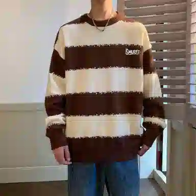 蓝精灵 显高显瘦遮肉美式高街潮牌简约条纹拼色慵懒风软糯保暖圆领套头毛线衣宽松舒适亲肤情侣潮流百搭时尚日常通勤休闲针织衫 男女同款