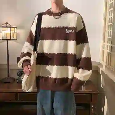 蓝精灵 显高显瘦遮肉美式高街潮牌简约条纹拼色慵懒风软糯保暖圆领套头毛线衣宽松舒适亲肤情侣潮流百搭时尚日常通勤休闲针织衫 男女同款