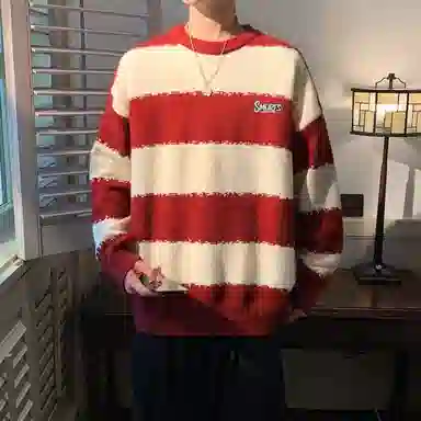 蓝精灵 显高显瘦遮肉美式高街潮牌简约条纹拼色慵懒风软糯保暖圆领套头毛线衣宽松舒适亲肤情侣潮流百搭时尚日常通勤休闲针织衫 男女同款