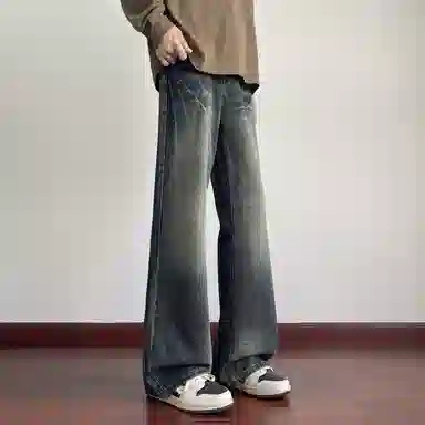 蓝精灵 显高显瘦显腿长微喇垂感闪电纹美式高街潮牌简约水洗做旧复古帅气情侣潮流百搭柔软舒适不硬日常通勤宽松直筒阔腿牛仔裤 男女同款