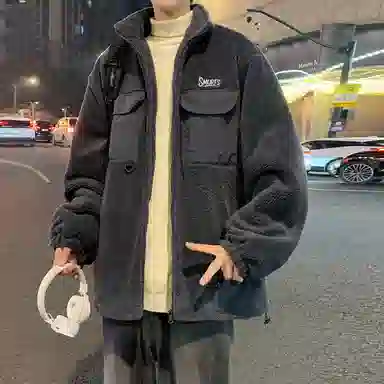 蓝精灵 显高显瘦羊羔毛加绒加厚保暖棉衣美式高街潮牌复古简约纯色休闲宽松棉袄子防风防寒休闲外套情侣潮流百搭帅气棉服 男女同款