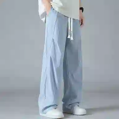 蓝精灵 美式复古褶皱降落伞兵裤纯色夏季垂感百搭运动冰爽透气直筒阔腿工装高街休闲裤 男女同款