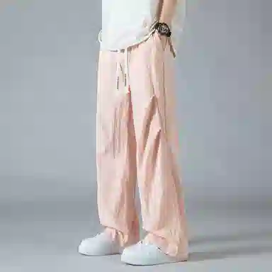 蓝精灵 美式复古褶皱降落伞兵裤纯色夏季垂感百搭运动冰爽透气直筒阔腿工装高街休闲裤 男女同款