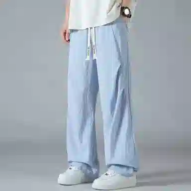 蓝精灵 美式复古褶皱降落伞兵裤纯色夏季垂感百搭运动冰爽透气直筒阔腿工装高街休闲裤 男女同款