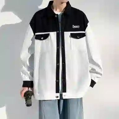 蓝精灵 美式高街潮牌复古撞色拼接简约痞帅休闲宽松情侣潮流百搭早秋薄款外套帅气时尚慵懒松弛感舒适日常通勤英伦翻领衬衣夹克 男女同款