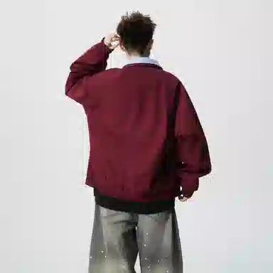 蓝精灵 美式高街潮牌简约基础款纯色条纹假两件双层翻领高级感慵懒风松弛感个性潮流百搭青春帅气时尚舒适日常通勤休闲夹克外套 男女同款