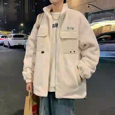 蓝精灵 显高显瘦羊羔毛加绒加厚保暖棉衣美式高街潮牌复古简约纯色休闲宽松棉袄子防风防寒休闲外套情侣潮流百搭帅气棉服 男女同款