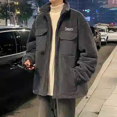 蓝精灵 显高显瘦羊羔毛加绒加厚保暖棉衣美式高街潮牌复古简约纯色休闲宽松棉袄子防风防寒休闲外套情侣潮流百搭帅气棉服 男女同款