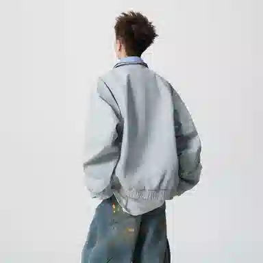 蓝精灵 美式高街潮牌简约基础款纯色条纹假两件双层翻领高级感慵懒风松弛感个性潮流百搭青春帅气时尚舒适日常通勤休闲夹克外套 男女同款
