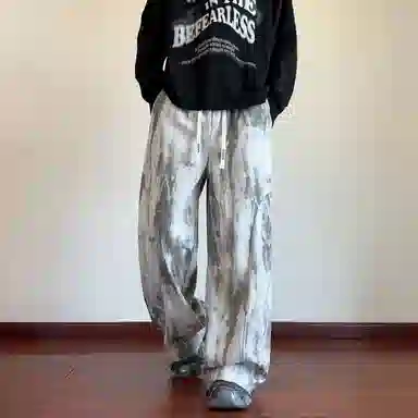 蓝精灵 美式高街扎染满印垂感显高显瘦肌理灯芯绒学院风宽松运动潮流字母刺绣抽绳百搭阔腿垂感简约直筒休闲裤 男女同款