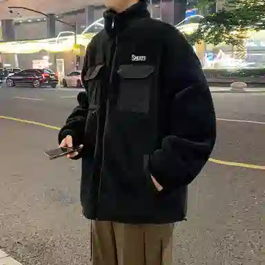 蓝精灵 显高显瘦羊羔毛加绒加厚保暖棉衣美式高街潮牌复古简约纯色休闲宽松棉袄子防风防寒休闲外套情侣潮流百搭帅气棉服 男女同款