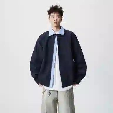 蓝精灵 美式高街潮牌简约基础款纯色条纹假两件双层翻领高级感慵懒风松弛感个性潮流百搭青春帅气时尚舒适日常通勤休闲夹克外套 男女同款