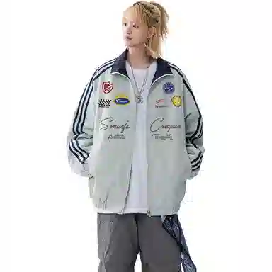 【Cleanfit棒球风】蓝精灵 潮流教练服勋章拼接嘻哈撞色双面穿立领秋冬运动机车风拉链休闲防风防溅水夹克外套 男女同款