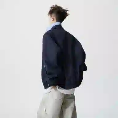 蓝精灵 美式高街潮牌简约基础款纯色条纹假两件双层翻领高级感慵懒风松弛感个性潮流百搭青春帅气时尚舒适日常通勤休闲夹克外套 男女同款