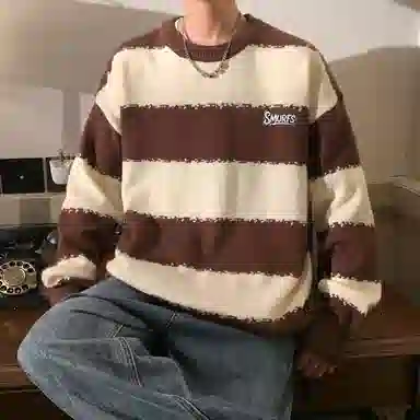 蓝精灵 显高显瘦遮肉美式高街潮牌简约条纹拼色慵懒风软糯保暖圆领套头毛线衣宽松舒适亲肤情侣潮流百搭时尚日常通勤休闲针织衫 男女同款