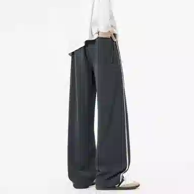 蓝精灵 显高显瘦垂感美式高街潮牌纯色简约侧边条纹开衩设计针织卫裤帅气情侣潮流百搭舒适柔软亲肤日常通勤宽松直筒阔腿休闲裤 男女同款