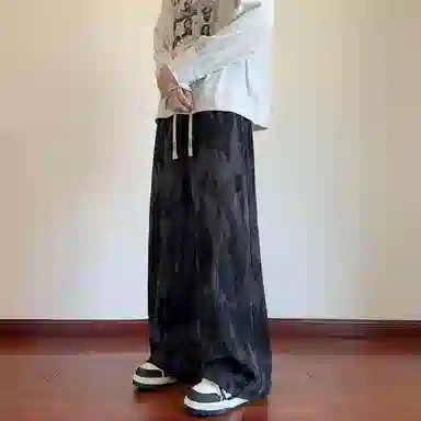 蓝精灵 美式高街扎染满印垂感显高显瘦肌理灯芯绒学院风宽松运动潮流字母刺绣抽绳百搭阔腿垂感简约直筒休闲裤 男女同款