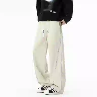 蓝精灵 显高显瘦垂感美式高街潮牌纯色简约侧边条纹开衩设计针织卫裤帅气情侣潮流百搭舒适柔软亲肤日常通勤宽松直筒阔腿休闲裤 男女同款