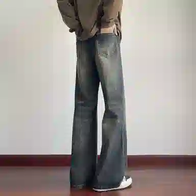 蓝精灵 显高显瘦显腿长微喇垂感闪电纹美式高街潮牌简约水洗做旧复古帅气情侣潮流百搭柔软舒适不硬日常通勤宽松直筒阔腿牛仔裤 男女同款
