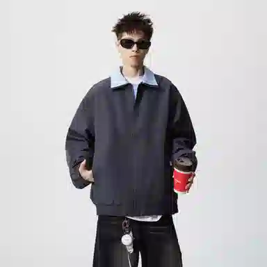 蓝精灵 美式高街潮牌简约基础款纯色条纹假两件双层翻领高级感慵懒风松弛感个性潮流百搭青春帅气时尚舒适日常通勤休闲夹克外套 男女同款