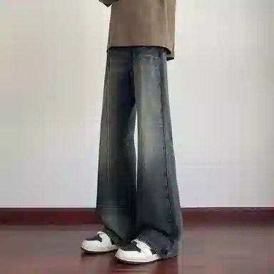 蓝精灵 显高显瘦显腿长微喇垂感闪电纹美式高街潮牌简约水洗做旧复古帅气情侣潮流百搭柔软舒适不硬日常通勤宽松直筒阔腿牛仔裤 男女同款