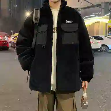 蓝精灵 显高显瘦羊羔毛加绒加厚保暖棉衣美式高街潮牌复古简约纯色休闲宽松棉袄子防风防寒休闲外套情侣潮流百搭帅气棉服 男女同款