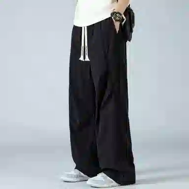 蓝精灵 美式复古褶皱降落伞兵裤纯色夏季垂感百搭运动冰爽透气直筒阔腿工装高街休闲裤 男女同款