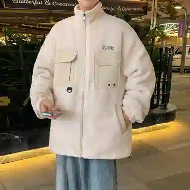 蓝精灵 显高显瘦羊羔毛加绒加厚保暖棉衣美式高街潮牌复古简约纯色休闲宽松棉袄子防风防寒休闲外套情侣潮流百搭帅气棉服 男女同款