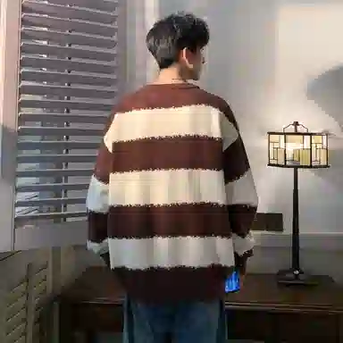蓝精灵 显高显瘦遮肉美式高街潮牌简约条纹拼色慵懒风软糯保暖圆领套头毛线衣宽松舒适亲肤情侣潮流百搭时尚日常通勤休闲针织衫 男女同款