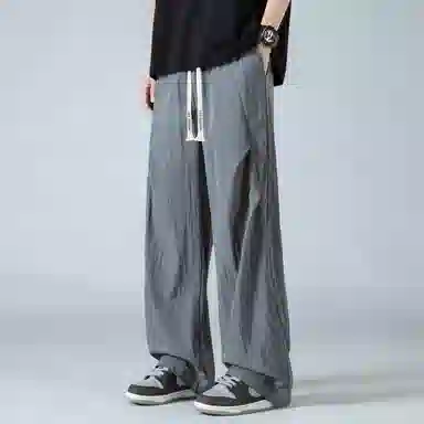 蓝精灵 美式复古褶皱降落伞兵裤纯色夏季垂感百搭运动冰爽透气直筒阔腿工装高街休闲裤 男女同款
