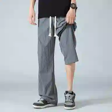 蓝精灵 美式复古褶皱降落伞兵裤纯色夏季垂感百搭运动冰爽透气直筒阔腿工装高街休闲裤 男女同款