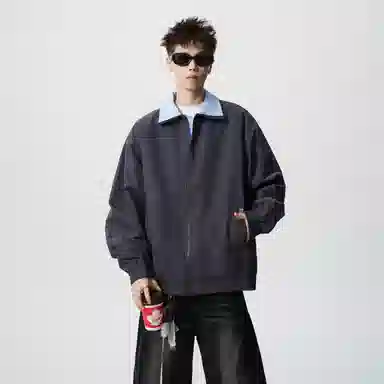 蓝精灵 美式高街潮牌简约基础款纯色条纹假两件双层翻领高级感慵懒风松弛感个性潮流百搭青春帅气时尚舒适日常通勤休闲夹克外套 男女同款
